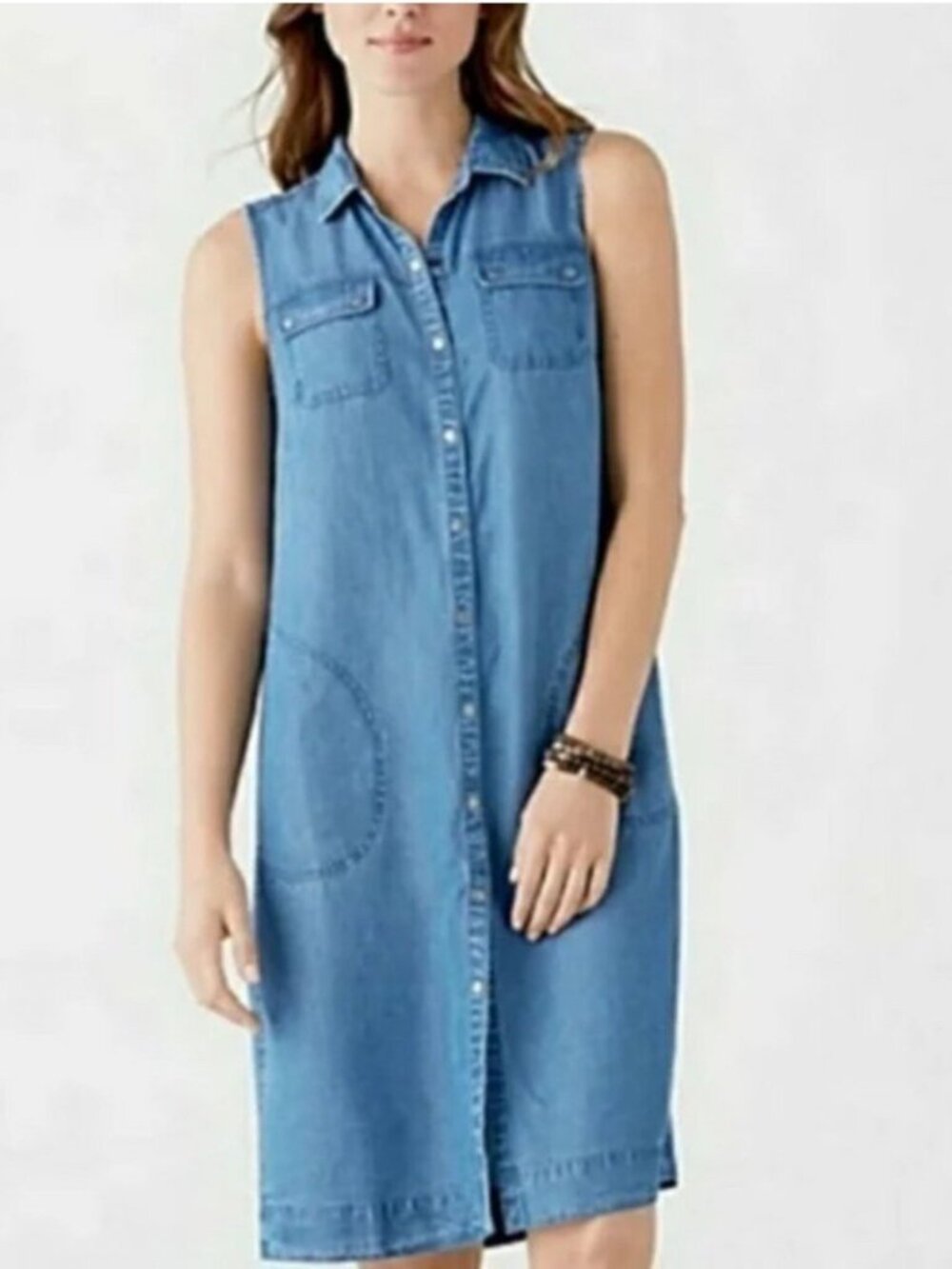 J. Jill blue denim sleeveless pockets front snaps dress size L